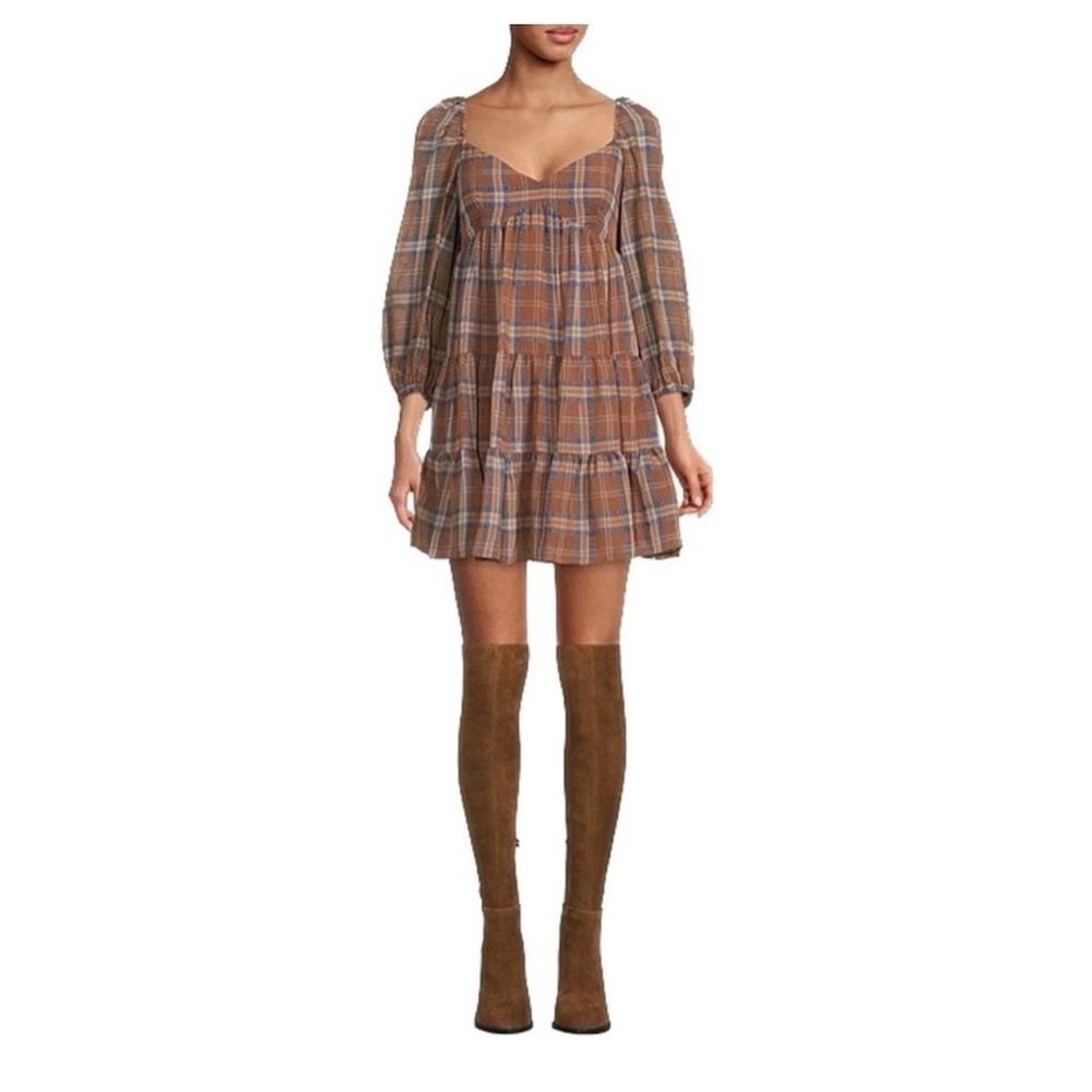 Gianni Bini Lyla Brown Plaid Sweetheart Neck Tiered Dress Size L